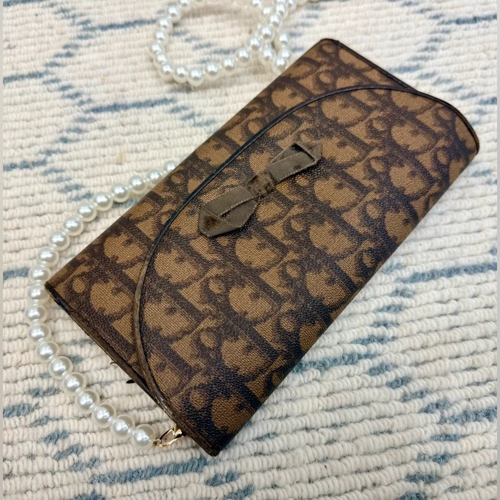 DIOR Vintage Y2K Romantique Brown Diorissimo Ribbon Canvas Leather W/ Crossbody